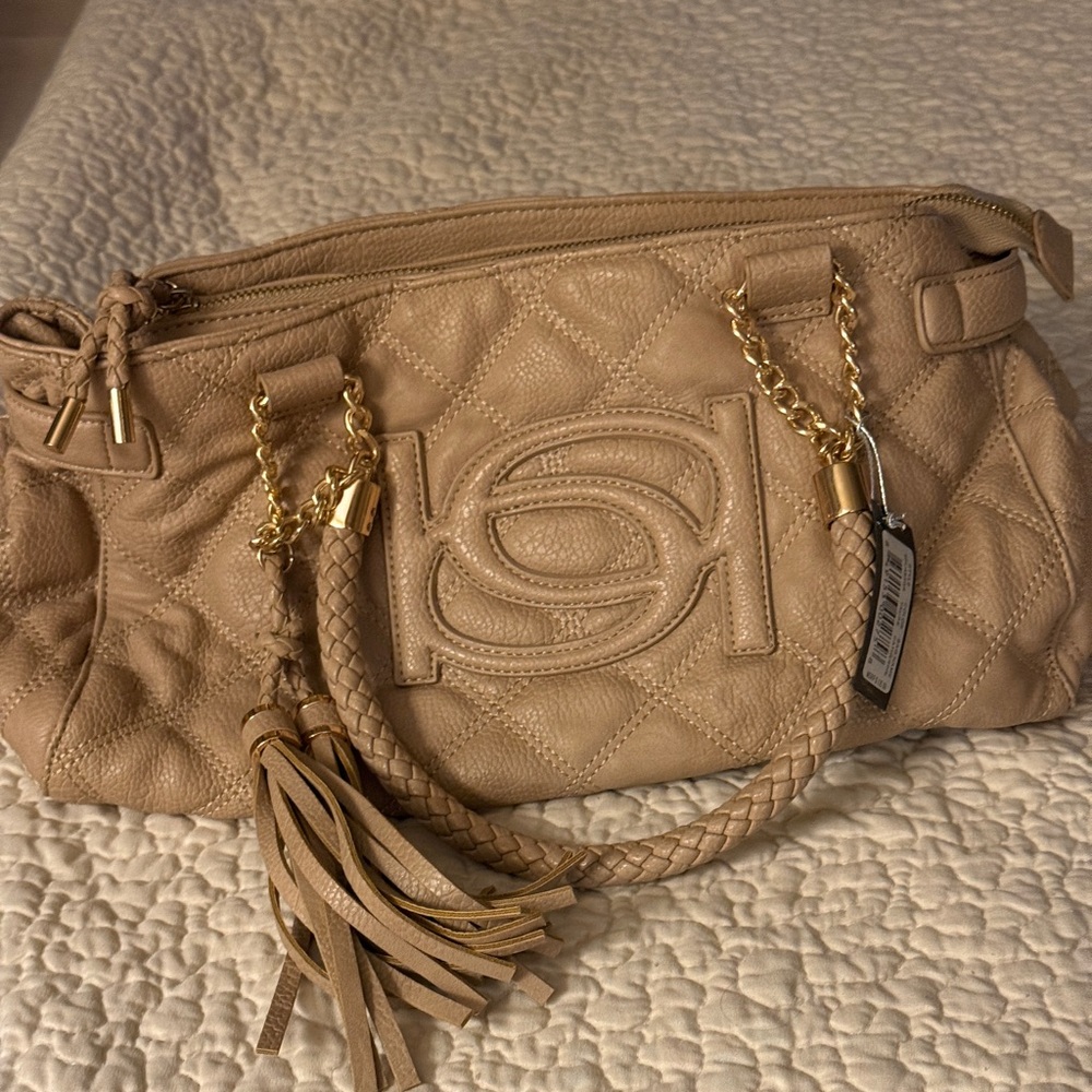 Bebe.  Quilted Beige Leather Tassel Shoulder Bag
